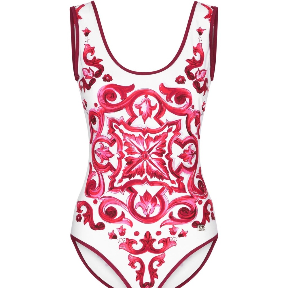 Dolce & Gabbana Red and White Floral One Piece Swimsuit